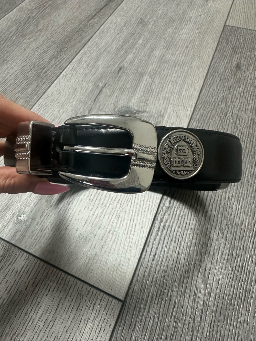 Black Leather Western-Style Belt with Silver Buckle